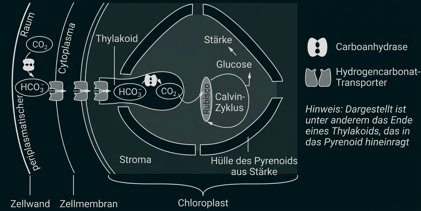 Schema der Kohlenstofffixierung im Chloroplasten mit Pyrenoid, Thylakoid und Calvin-Zyklus.